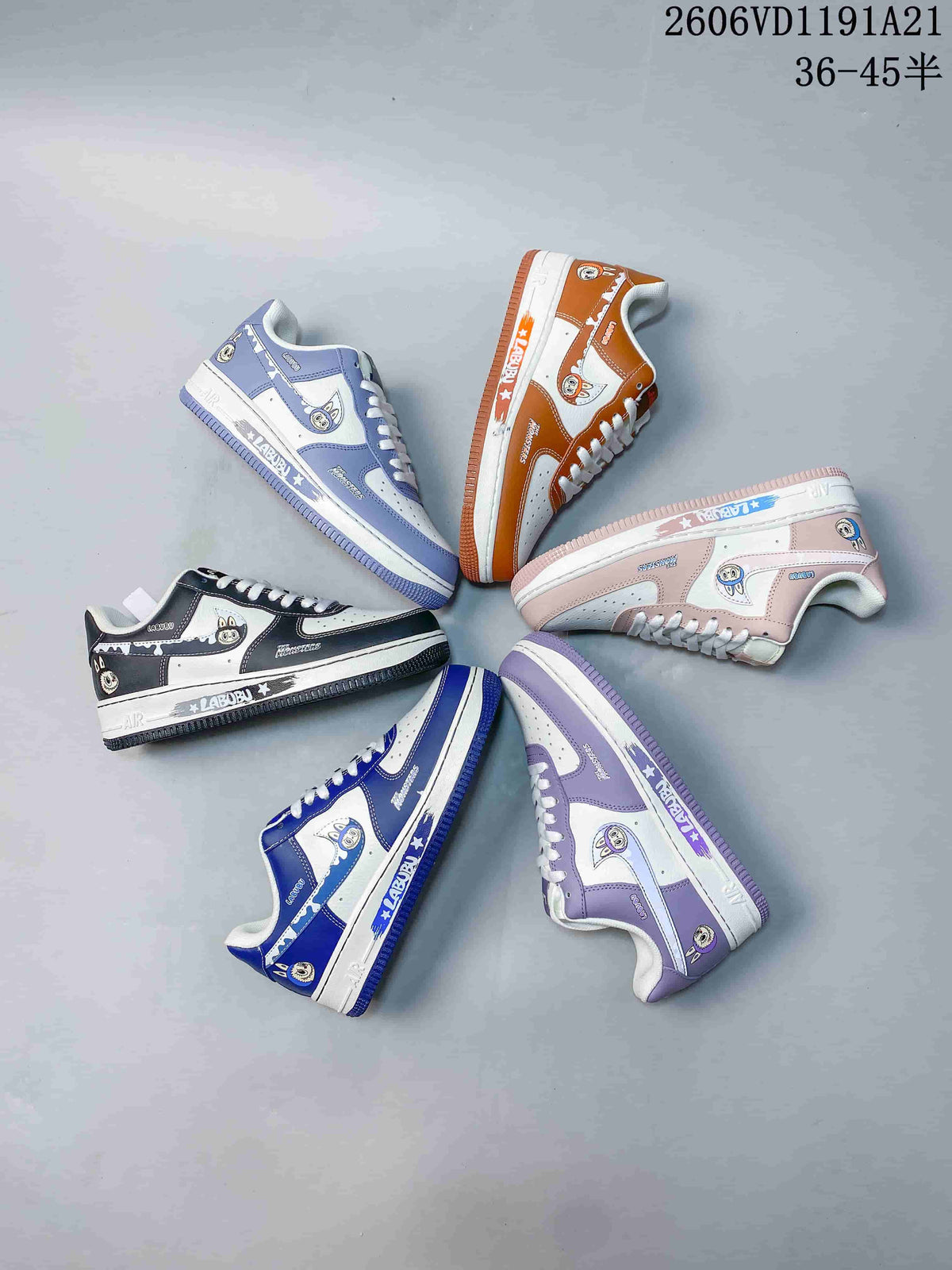 Several LABUBU graphic low-top sneakers in assorted colors arranged together; image text shows a size range of 36–45.5.