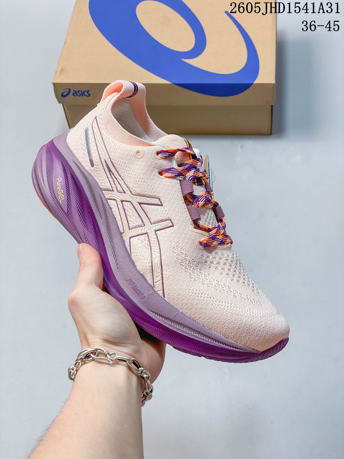 Pale pink ASICS GEL-NIMBUS 26 running shoe with purple sole accents and multicolor laces.