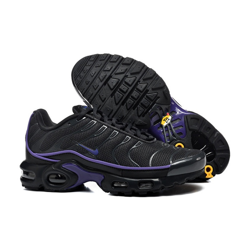 Black Nike Air Max Plus sneaker with purple accents, shown from the side and outsole.