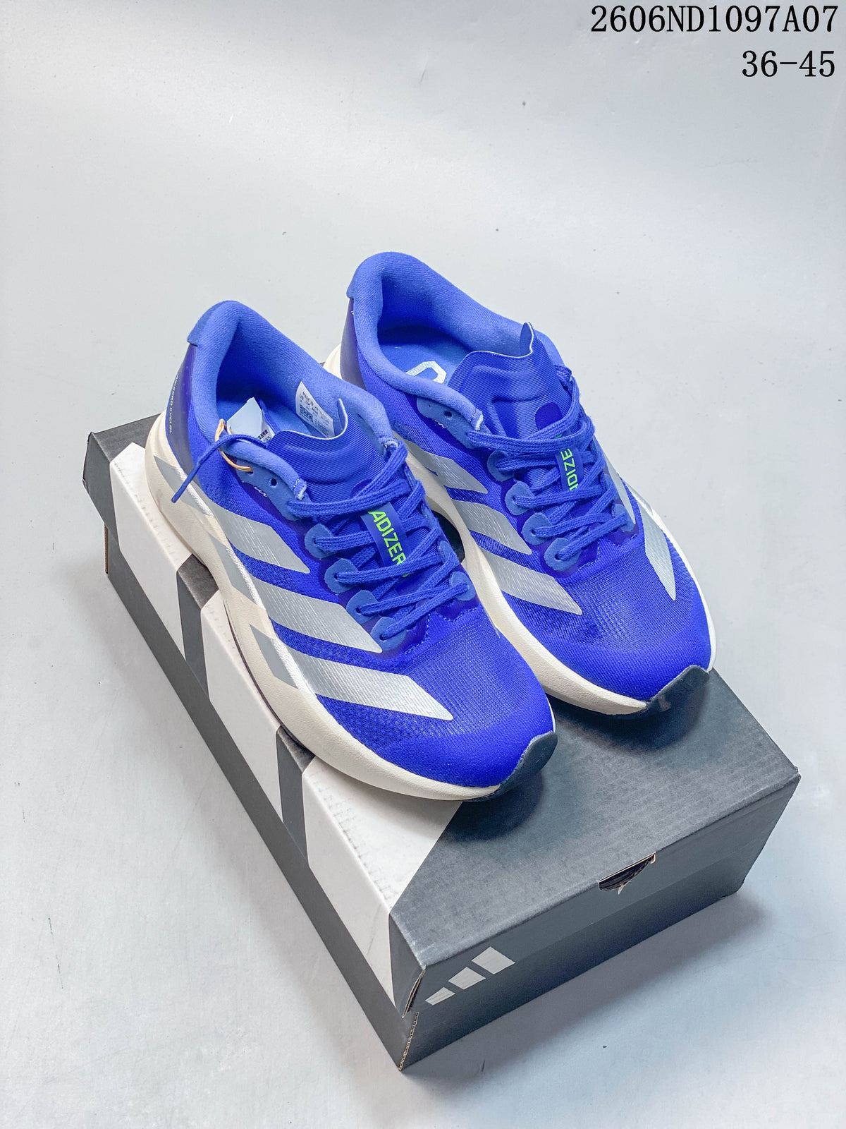 Blue and silver adidas Adizero Evo SL shoes on a shoebox, viewed from above; image overlay shows 36–45.