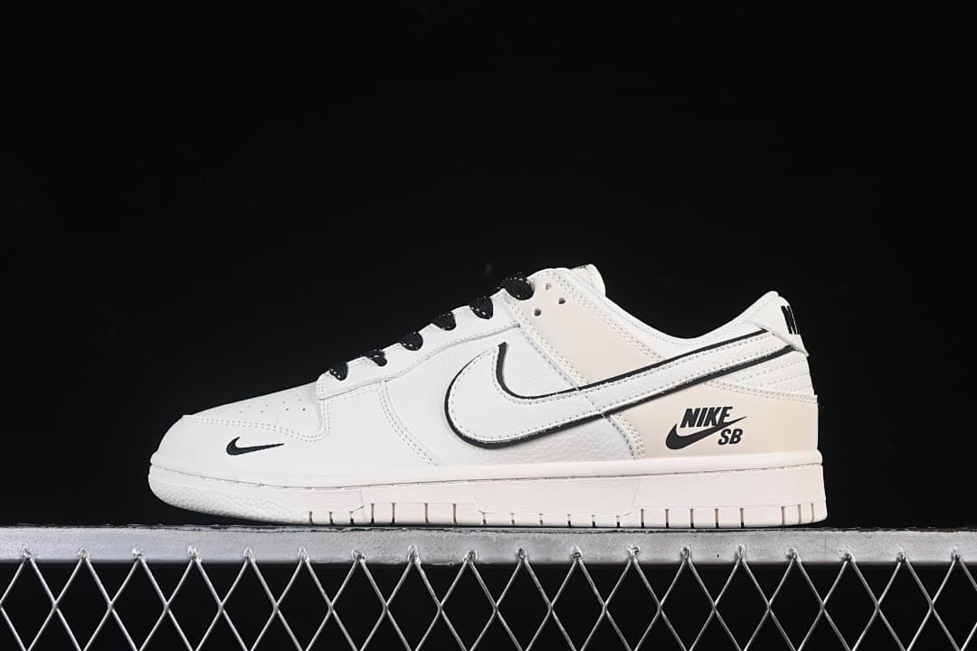Side view of an off-white Nike SB Dunk Low sneaker with black laces and black logo details