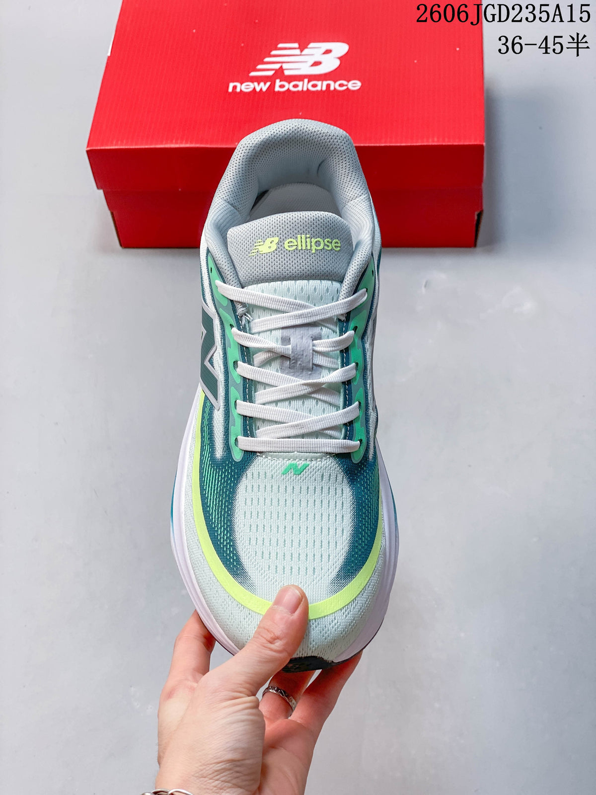 Top view of a New Balance Ellipse running shoe with white laces and a gray, teal, and lime upper.
