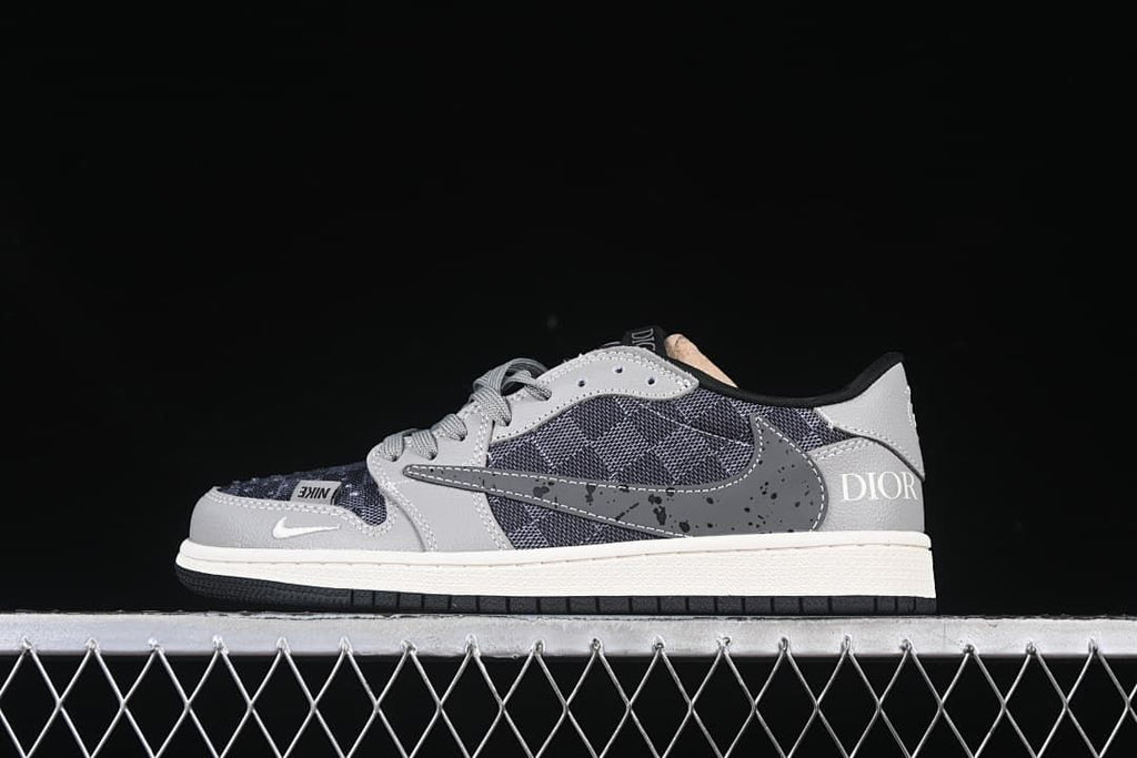 Side view of gray and dark patterned low-top sneakers with a speckled side Swoosh and light midsole