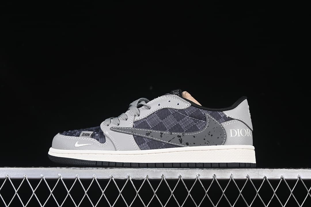 Side view of gray and dark patterned low-top sneakers with a speckled side Swoosh and light midsole