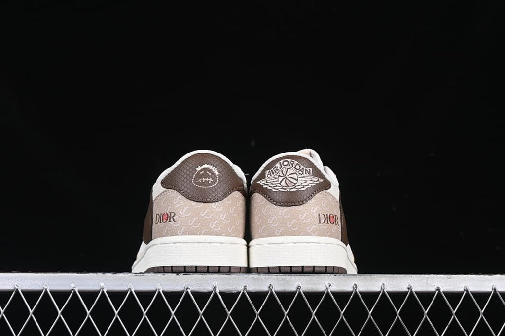 Rear view of both sneakers with contrasting heel tabs and patterned panels.