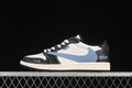 Side view of a black, white, and pale blue low-top sneaker with Dior lettering and a patterned blue side panel