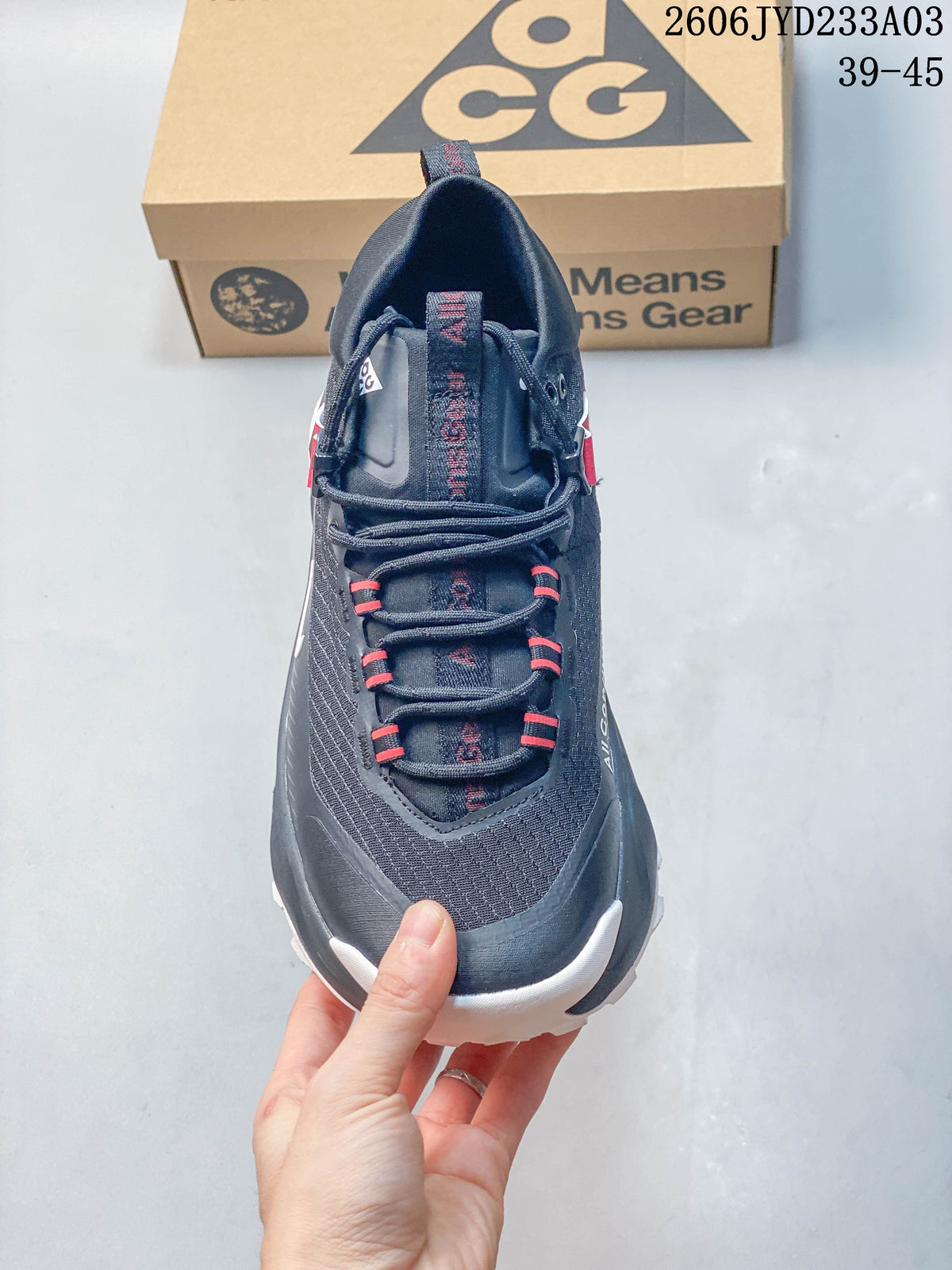 Front view showing the laces and red lace details