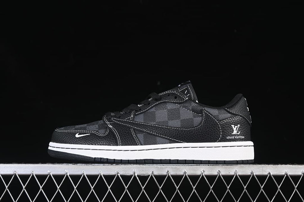 Side view of a black low-top sneaker with charcoal check-pattern panels, contrast stitching, a white midsole, and visible swoosh and monogram-style branding.