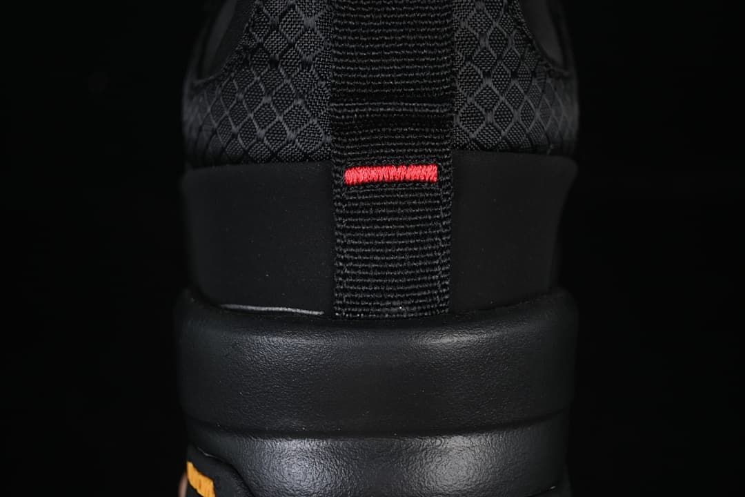Rear view of the shoe showing its heel pull tab and detailing.