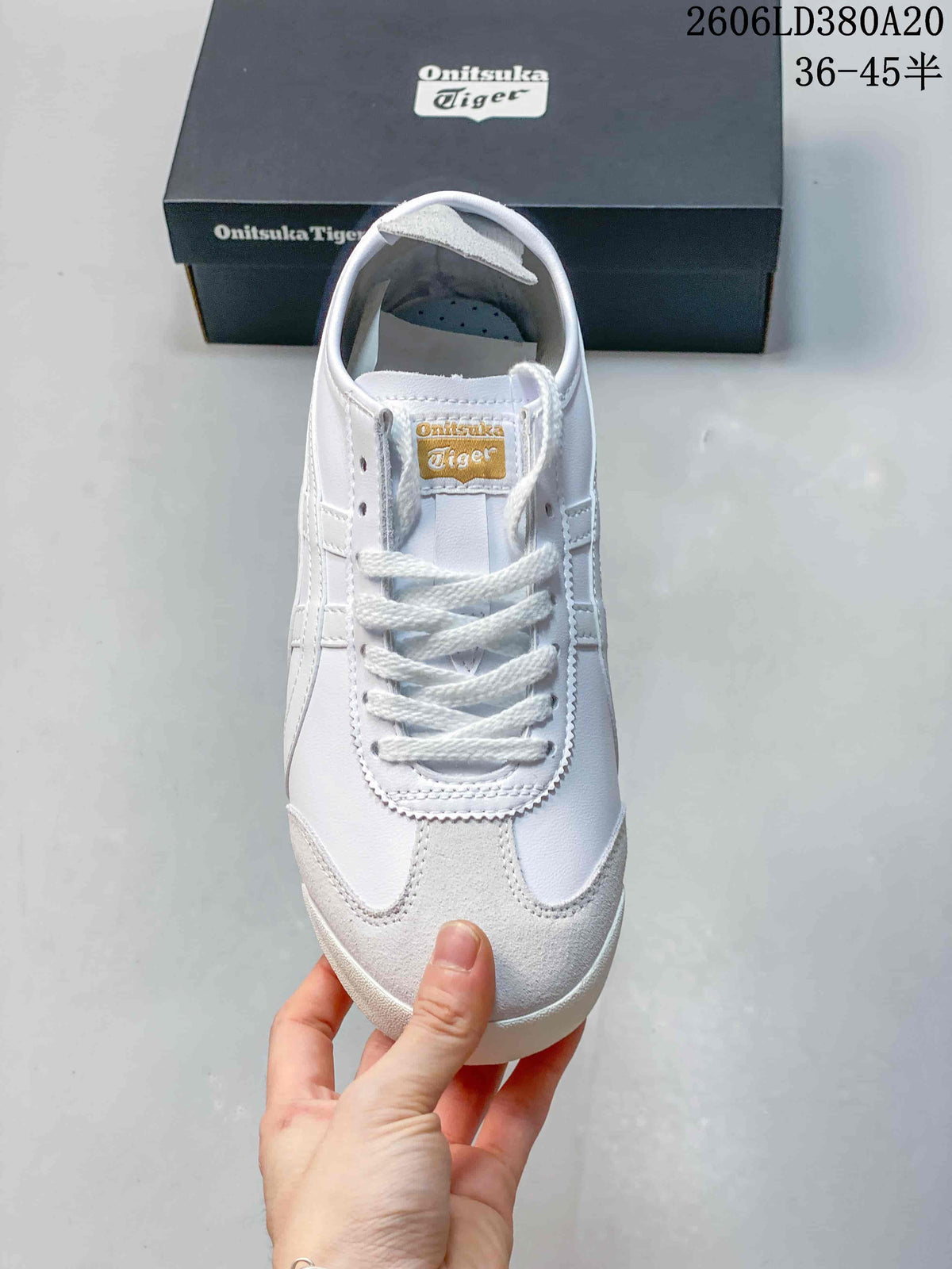Top view of a white Onitsuka Tiger lace-up sneaker