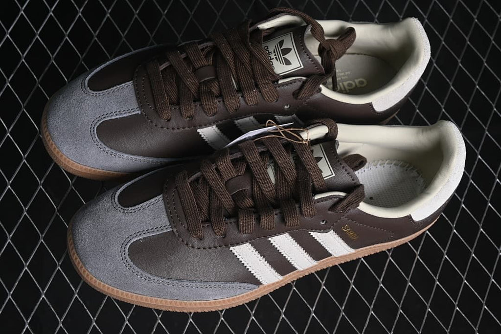 Pair of brown and grey Samba OG sneakers shown from above
