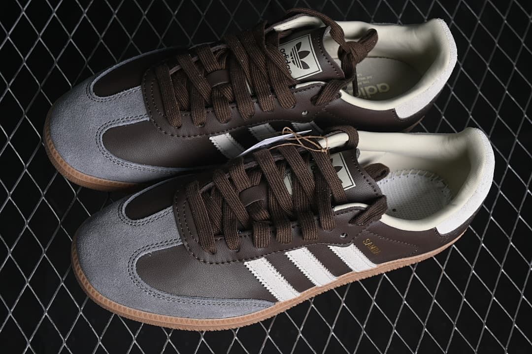 Pair of brown and grey Samba OG sneakers shown from above