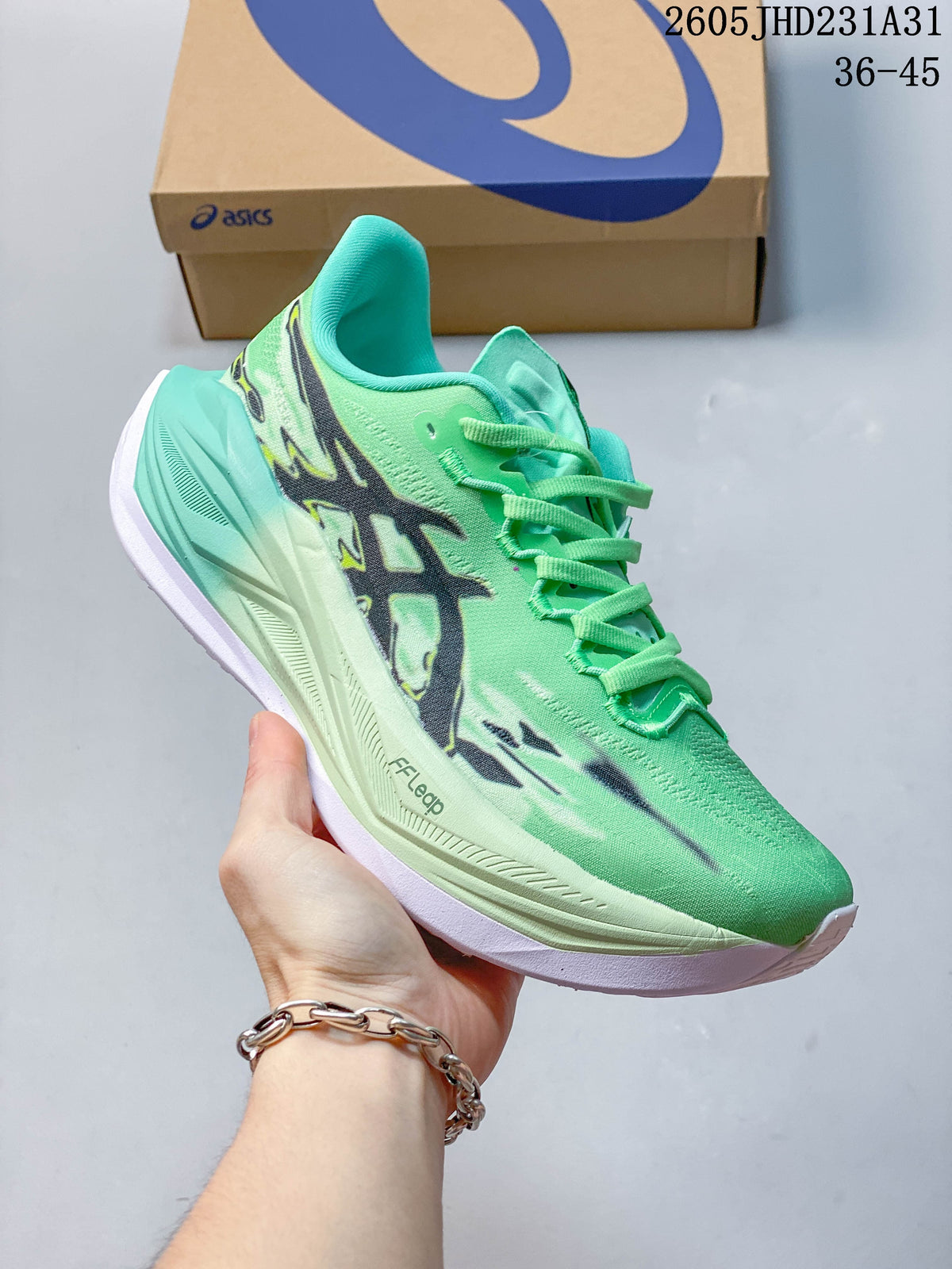 Side view of the green ASICS MEGABLAST running shoe