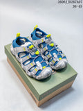 Pair of blue, gray, and yellow KEEN Astoria West sandals on a shoebox