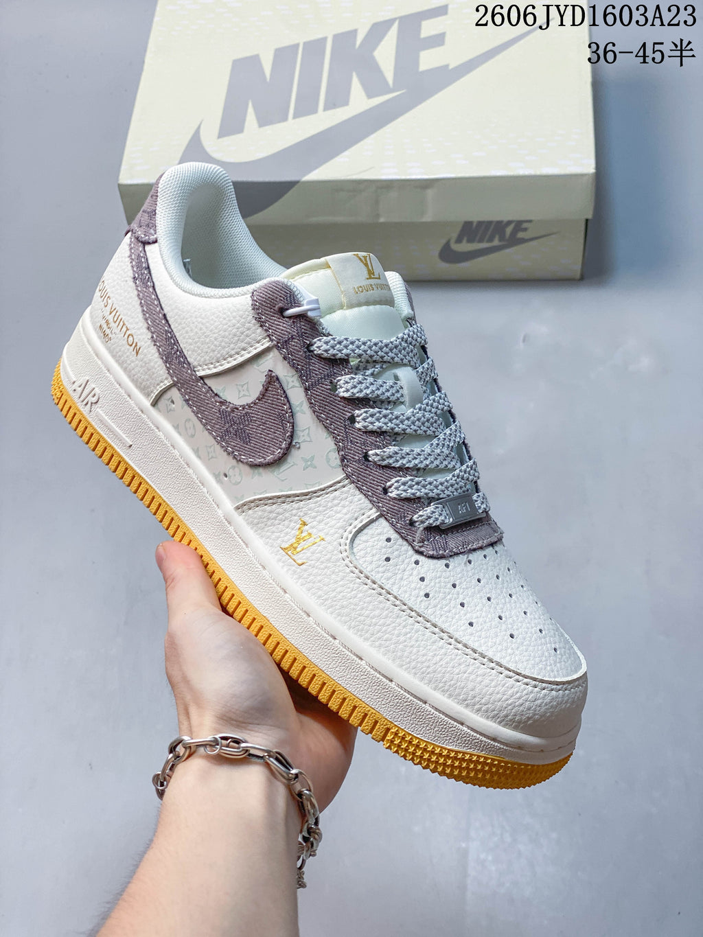 Angled side view highlighting the patterned panels and gum-colored sole