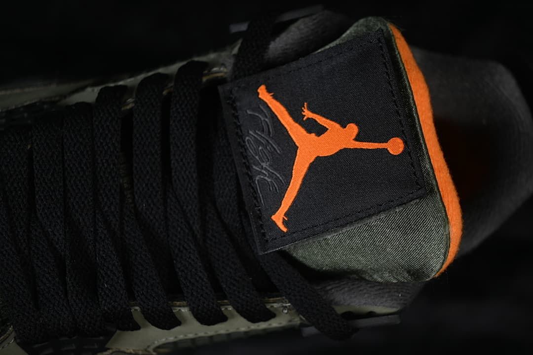 Close-up of the tongue label with orange Jumpman design