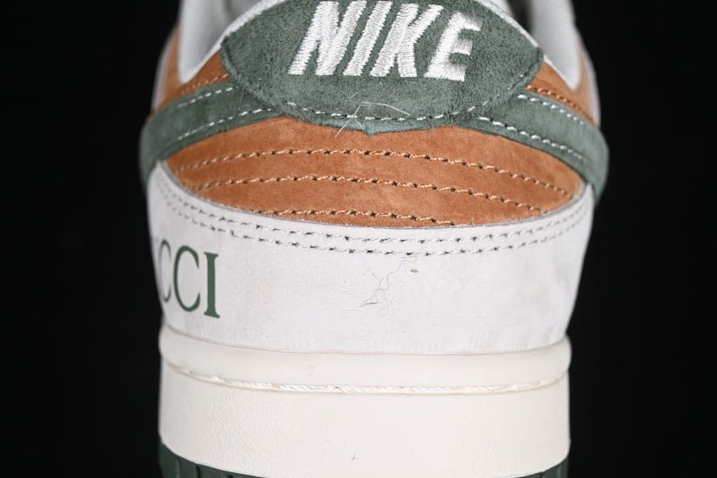 Rear view showing brown and green heel details