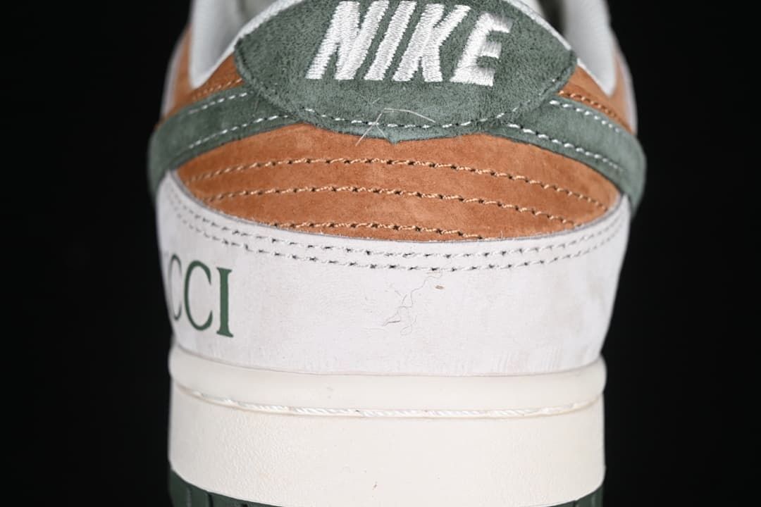 Rear view showing brown and green heel details