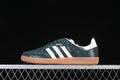 Side view of a green adidas Samba OG sneaker with white stripes and a gum-colored sole