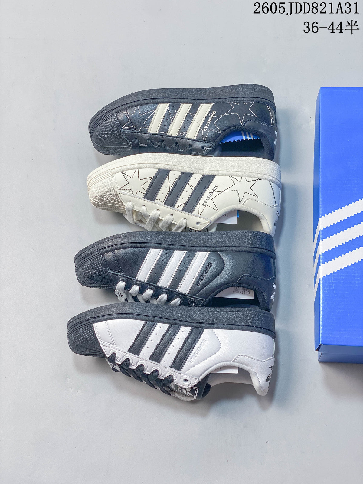 Four Adidas Superstar color combinations shown side by side, including light and dark versions with contrasting stripes.