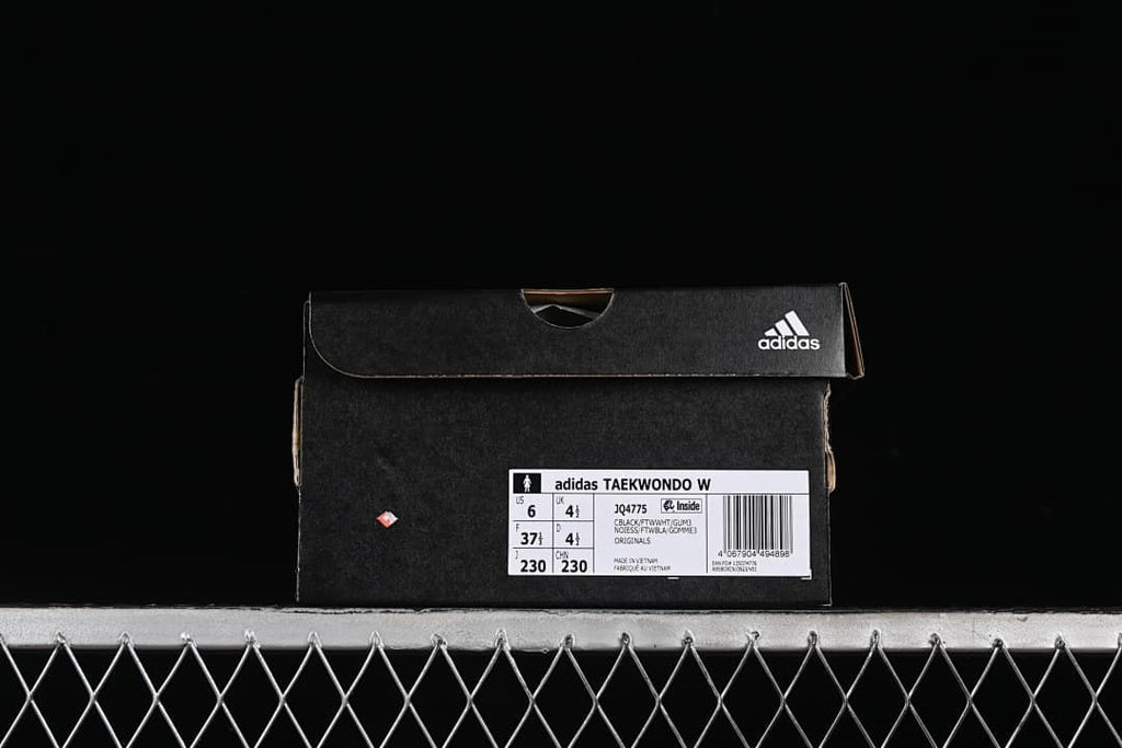 Shoe box label identifying Adidas Taekwondo W, model JQ4775, and size US 6, UK 4½, EU 37⅓, JP 230, CHN 230.