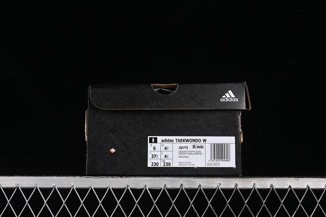 Shoe box label identifying Adidas Taekwondo W, model JQ4775, and size US 6, UK 4½, EU 37⅓, JP 230, CHN 230.