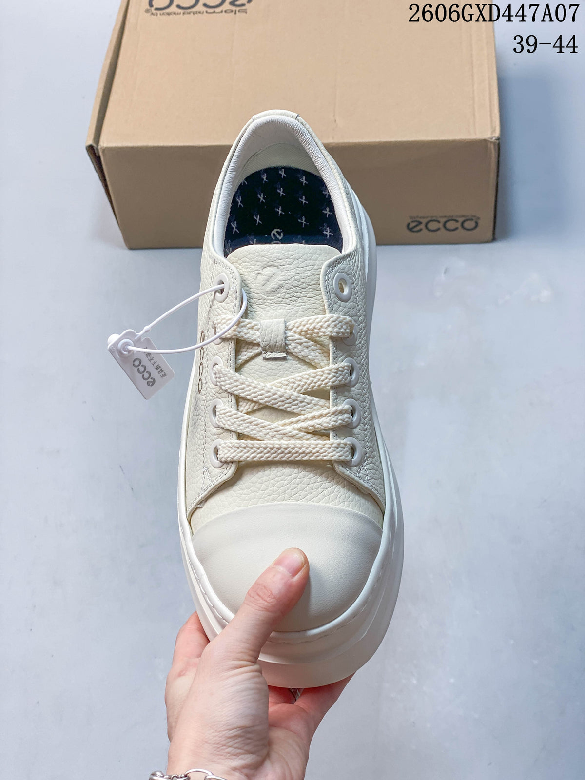 Top view of the white lace-up sneaker with a rounded toe