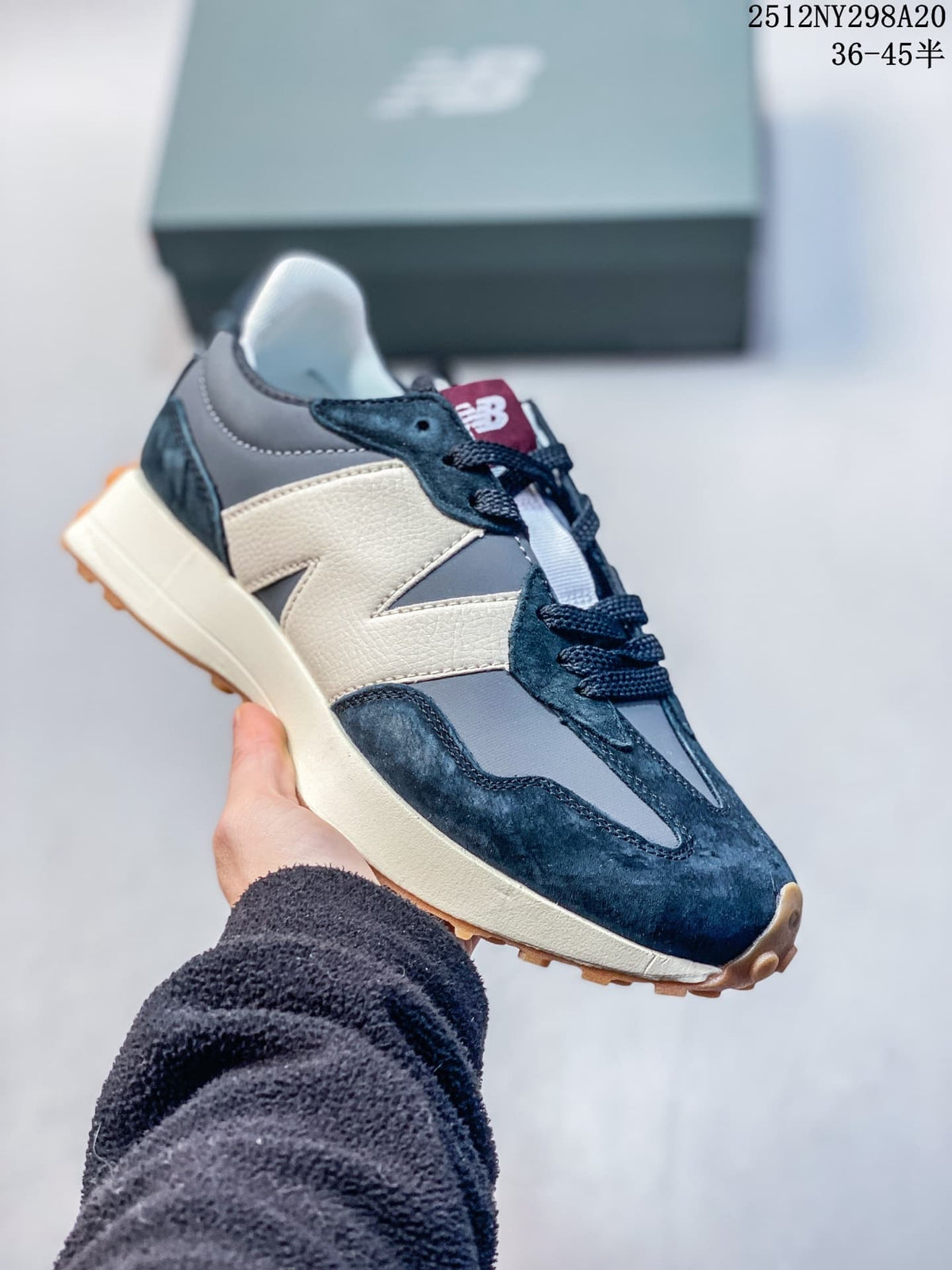 New Balance 327-style sneaker in navy, gray and cream