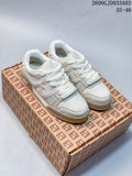 Pair of white and beige Fendi Match low-top sneakers on a patterned shoe box; image overlay shows 2606GJD933A03 and sizes 35–46.