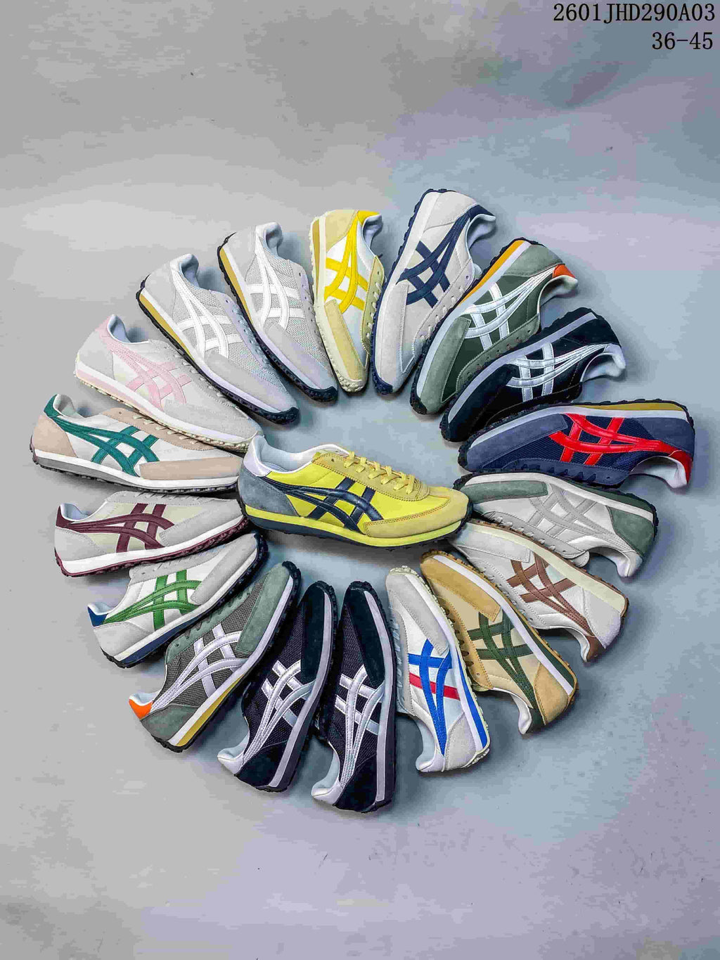 A group of Onitsuka Tiger EDR 78 sneakers in assorted color combinations; image also displays a size range.