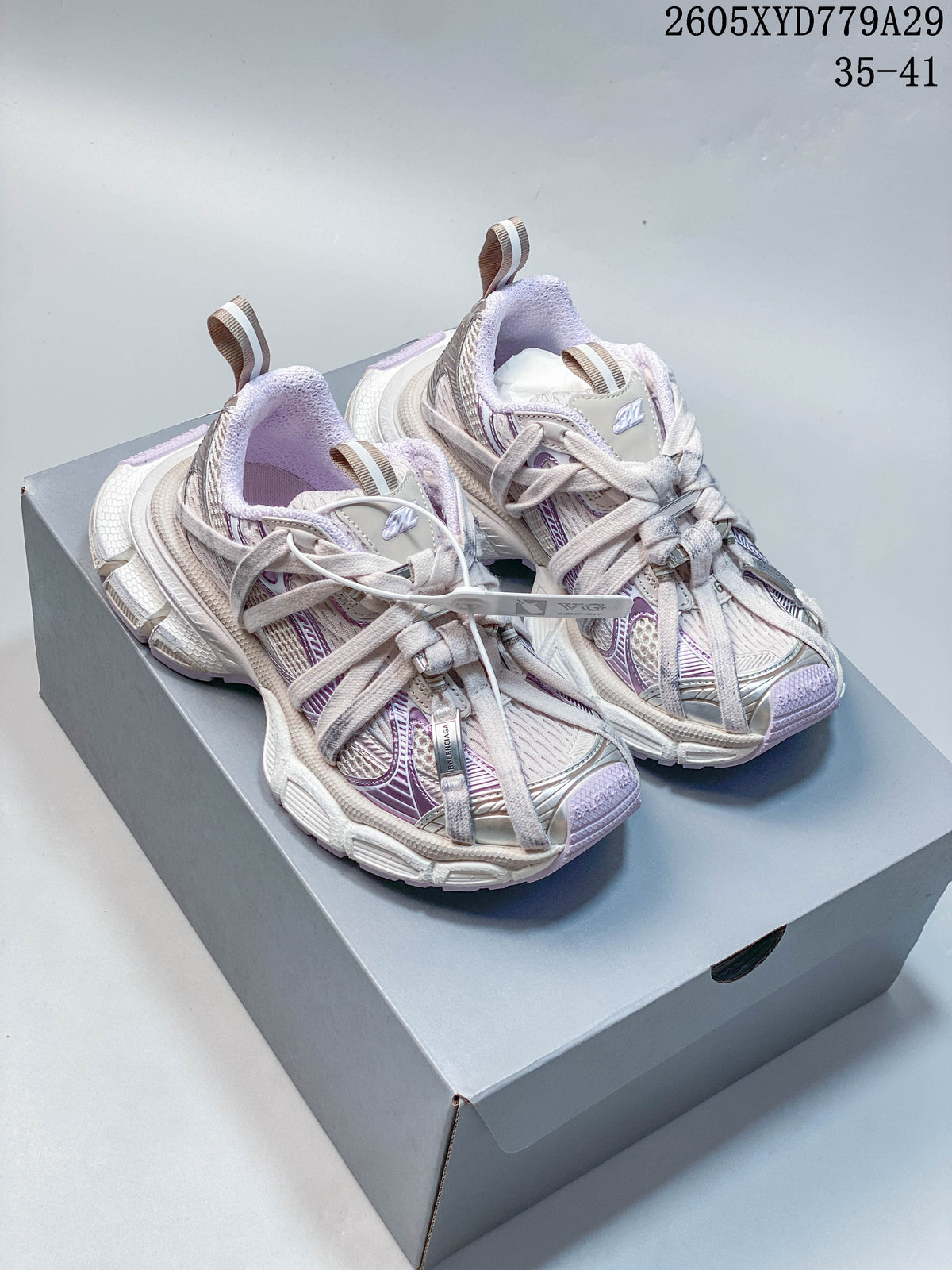 Pale lilac and silver Balenciaga Phantom sneakers shown from above on a box.