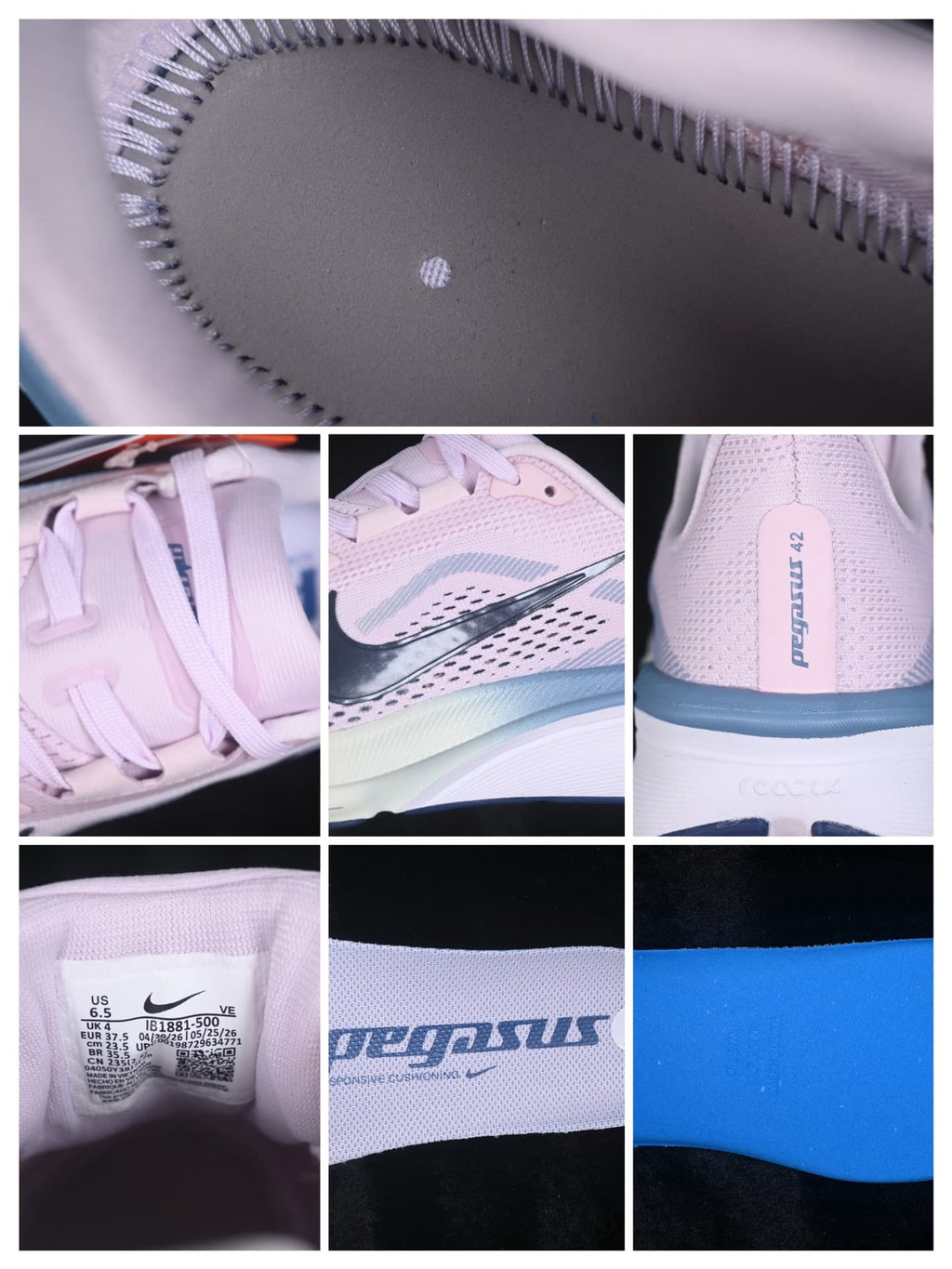 Collage of close-ups showing the insole, laces, side branding, heel, shoe label, and outsole.