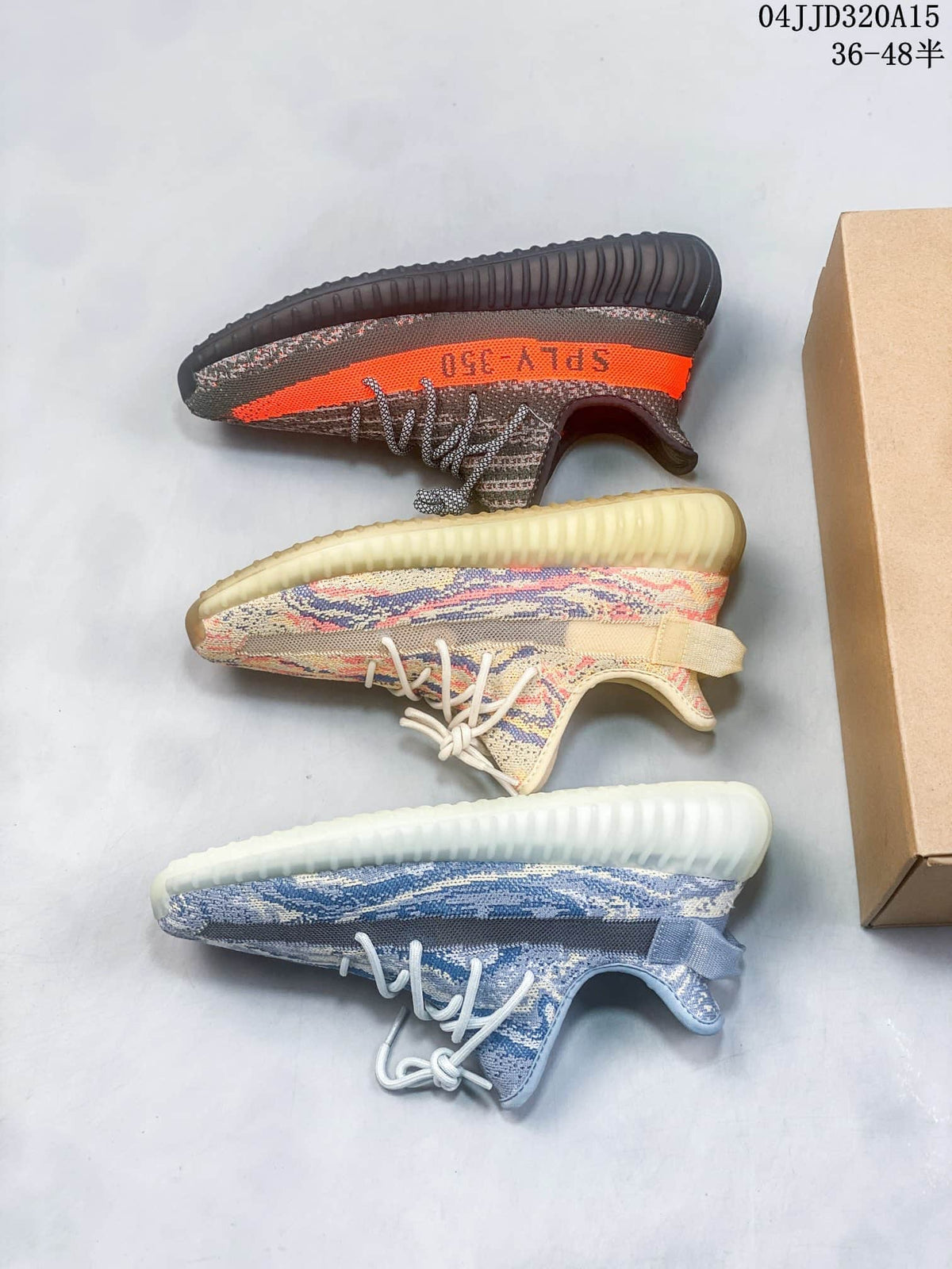 Three Yeezy Boost 350-style sneakers in gray with orange, cream multicolor, and blue colorways; size range text appears in the upper-right corner.