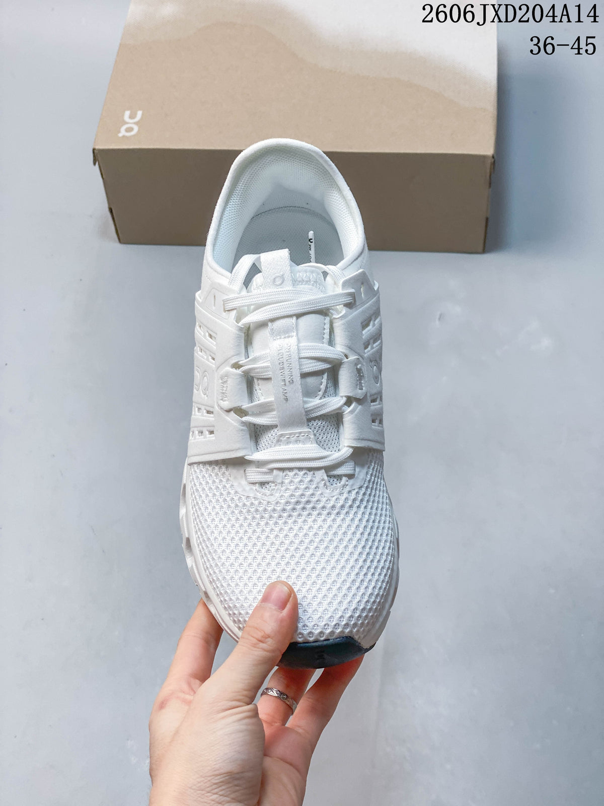 Top view of a white lace-up running shoe