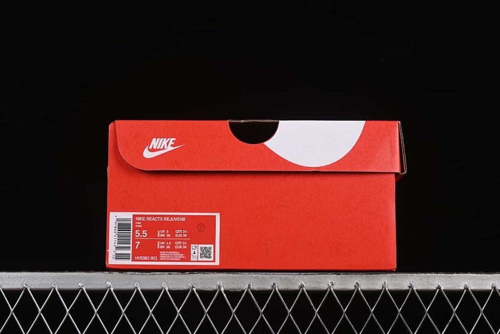 Shoe box label identifying Nike ReactX Rejuven8, style code HV5062-601, and sample size details.