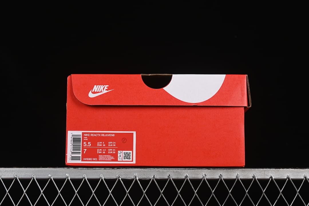 Shoe box label identifying Nike ReactX Rejuven8, style code HV5062-601, and sample size details.