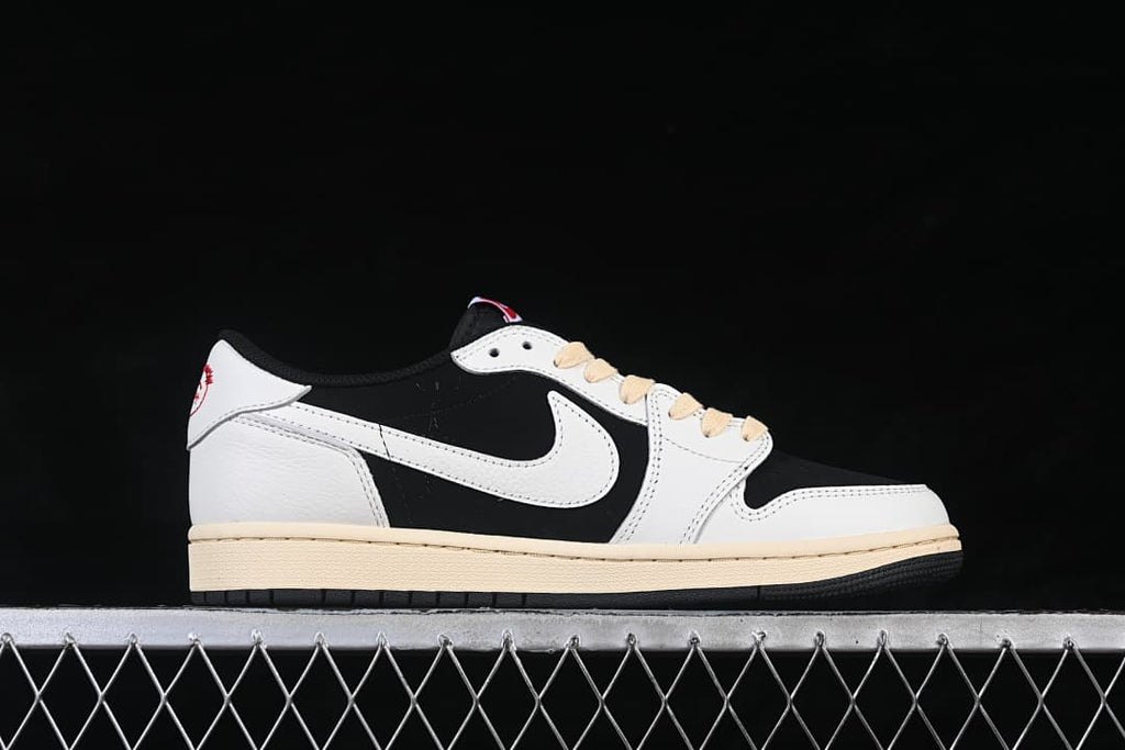 Side profile showing black and white panels, white Swoosh, and cream midsole.