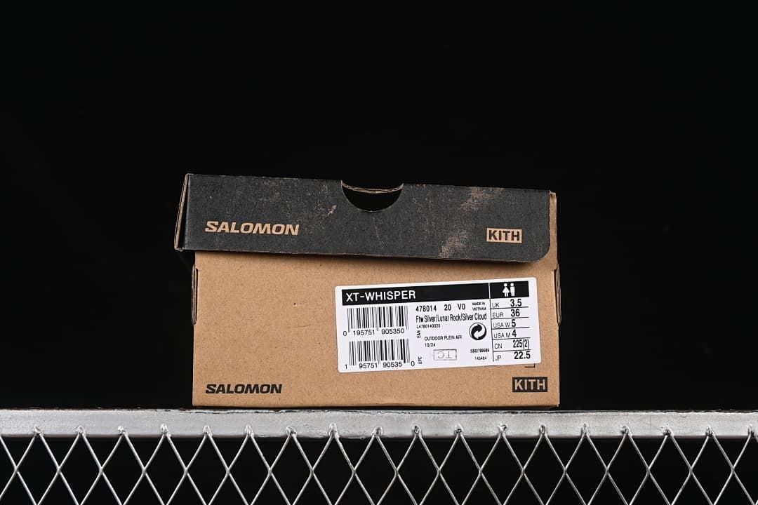 Shoe box label identifying XT-Whisper, style code 478014, and EU 36 sample size.