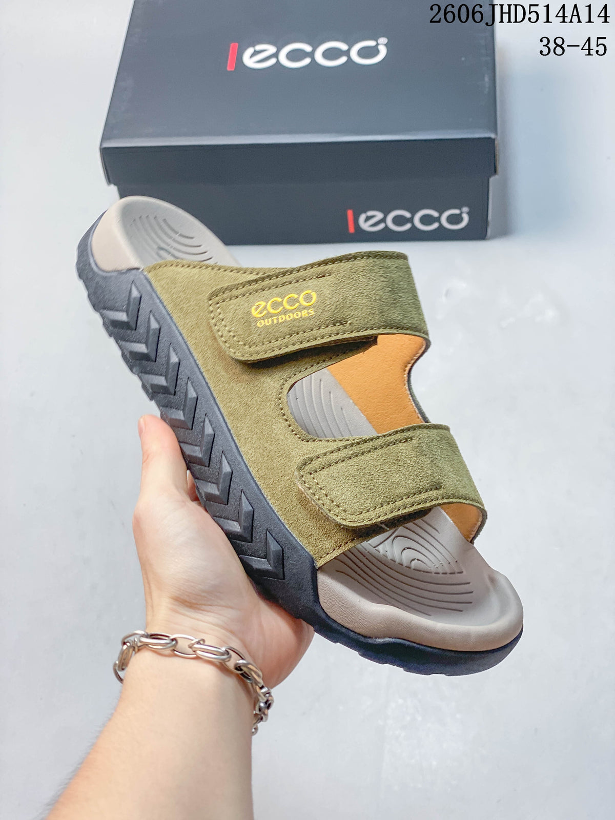 Side view of an olive green two-strap sandal showing its contoured footbed and dark treaded outsole.