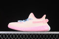 Side view of a pale pink Yeezy 350 Boost V2 sneaker with blue laces and a ribbed pink sole.