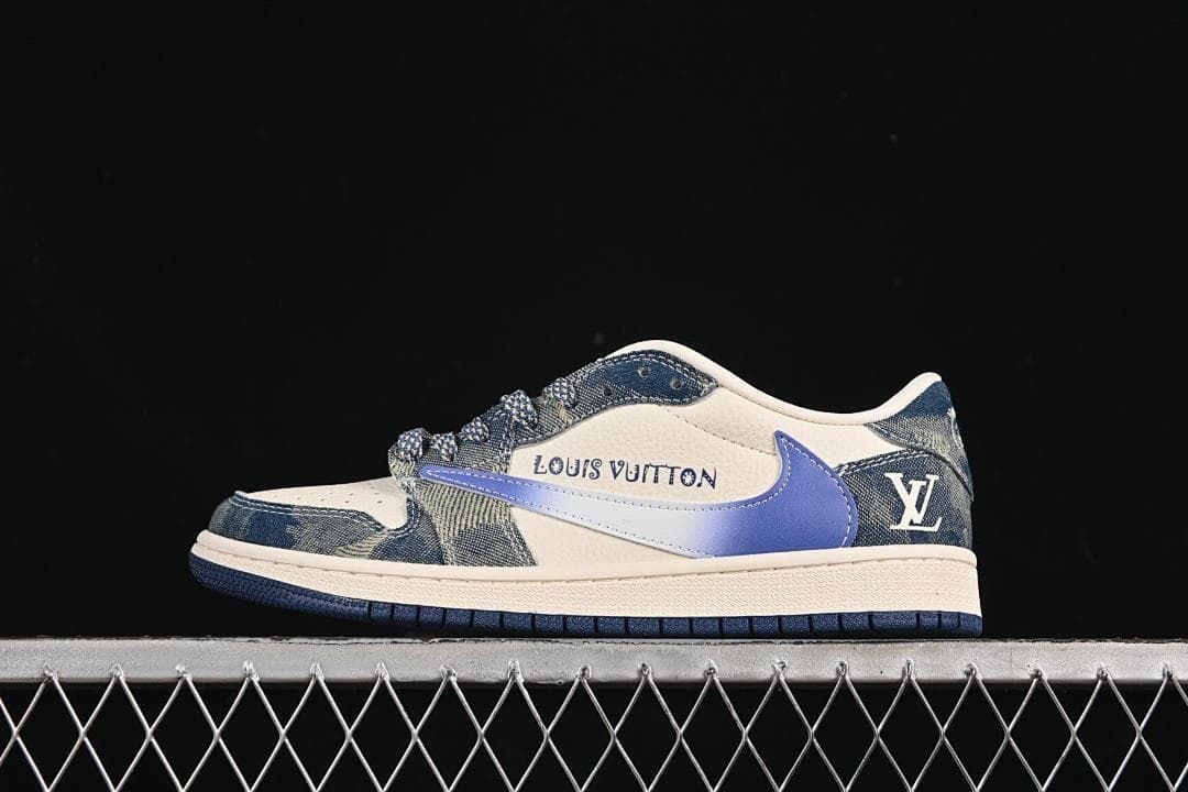 Side view of a cream and blue low-top sneaker with denim-style panels and a blue side logo