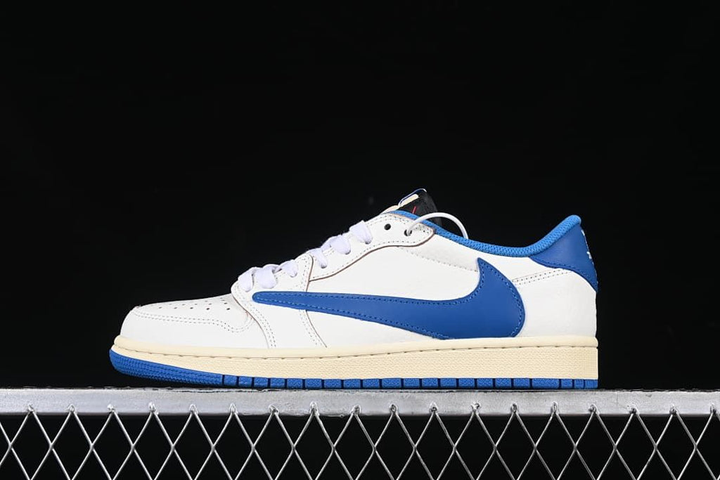 Side view of an off-white and blue low-top sneaker against a dark background