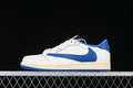 Side view of an off-white and blue low-top sneaker against a dark background