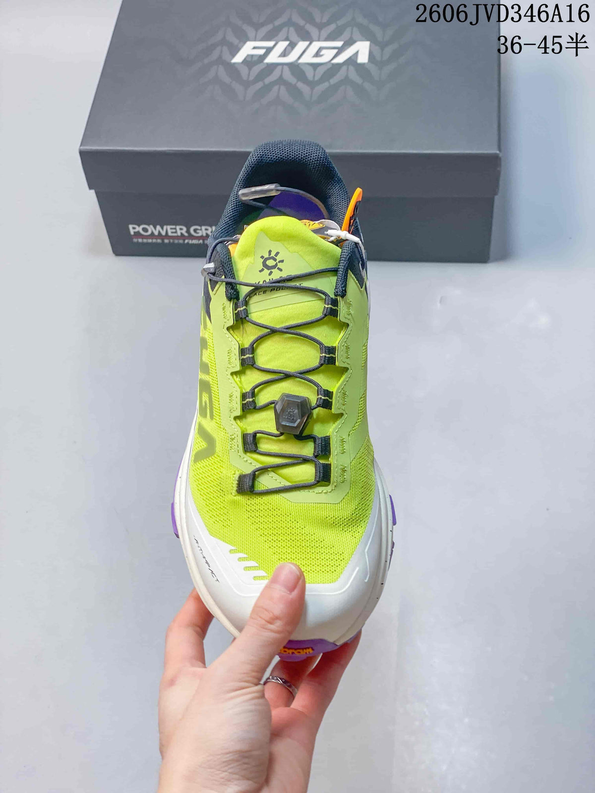 Front view showing the quick-lacing system on a neon yellow Kailas FUGA EX3 shoe