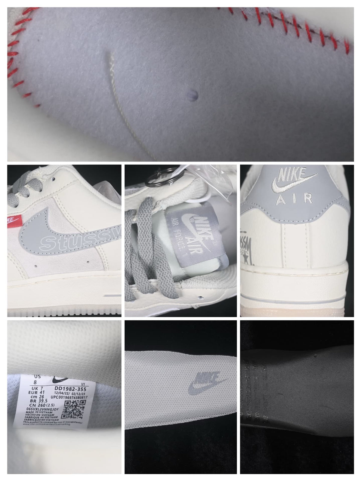 Collage of close-ups showing the upper graphics, tongue branding, heel, interior label, and insole details.
