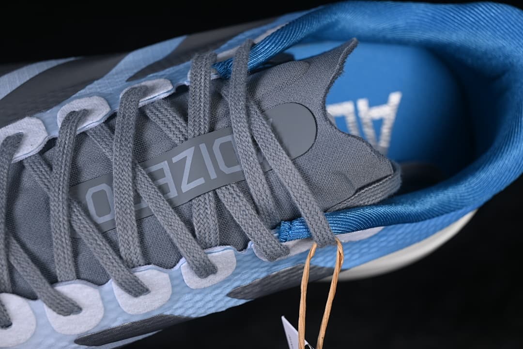 Close-up of the gray laces, tongue, and blue collar.