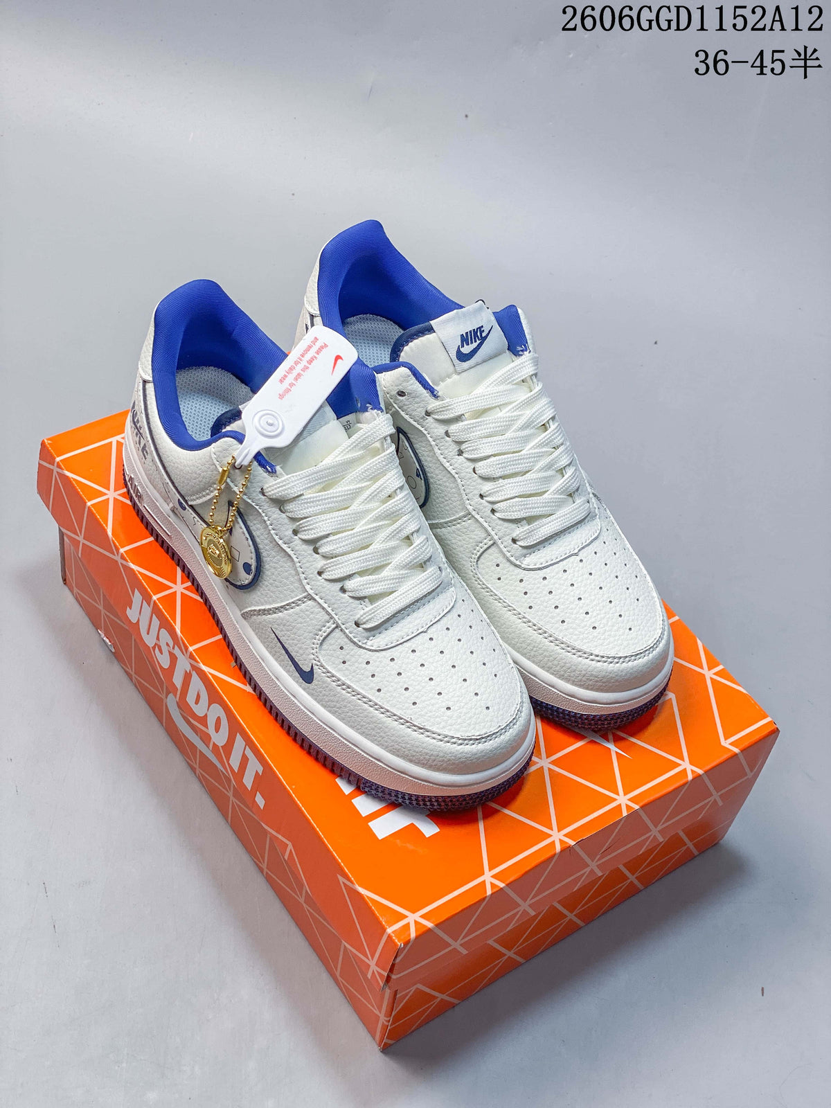Pair of off-white and blue Nike Air Force 1 low-top sneakers shown from above