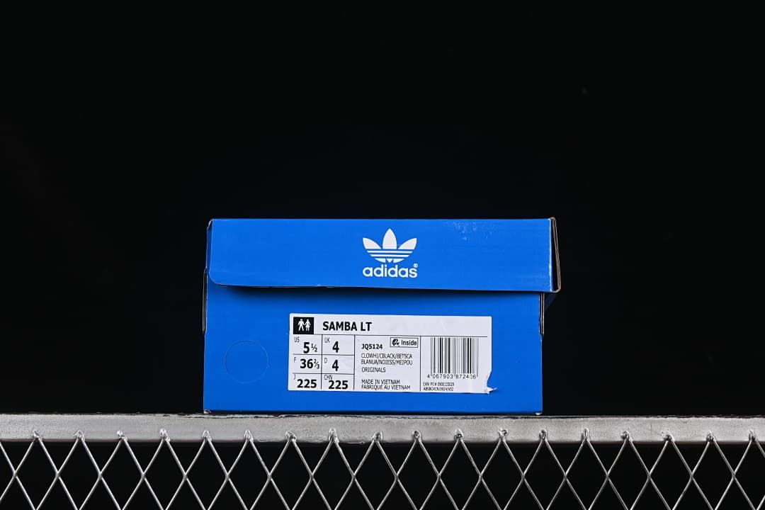 Blue adidas shoe box label marked Samba LT and JQ5124.