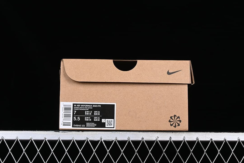 Shoebox label showing the Air VaporMax 2023 FK name, product code, and sample size markings.