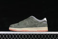 Side view of an olive-green Nike SB Dunk Low with a light midsole and gum-toned outsole